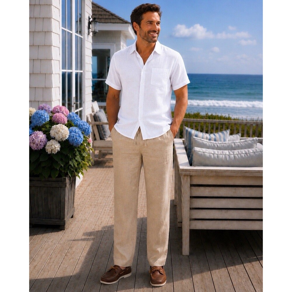 Tasso Elba Island NWT Natural Linen Tan Pants Drawstring Elastic Waist L